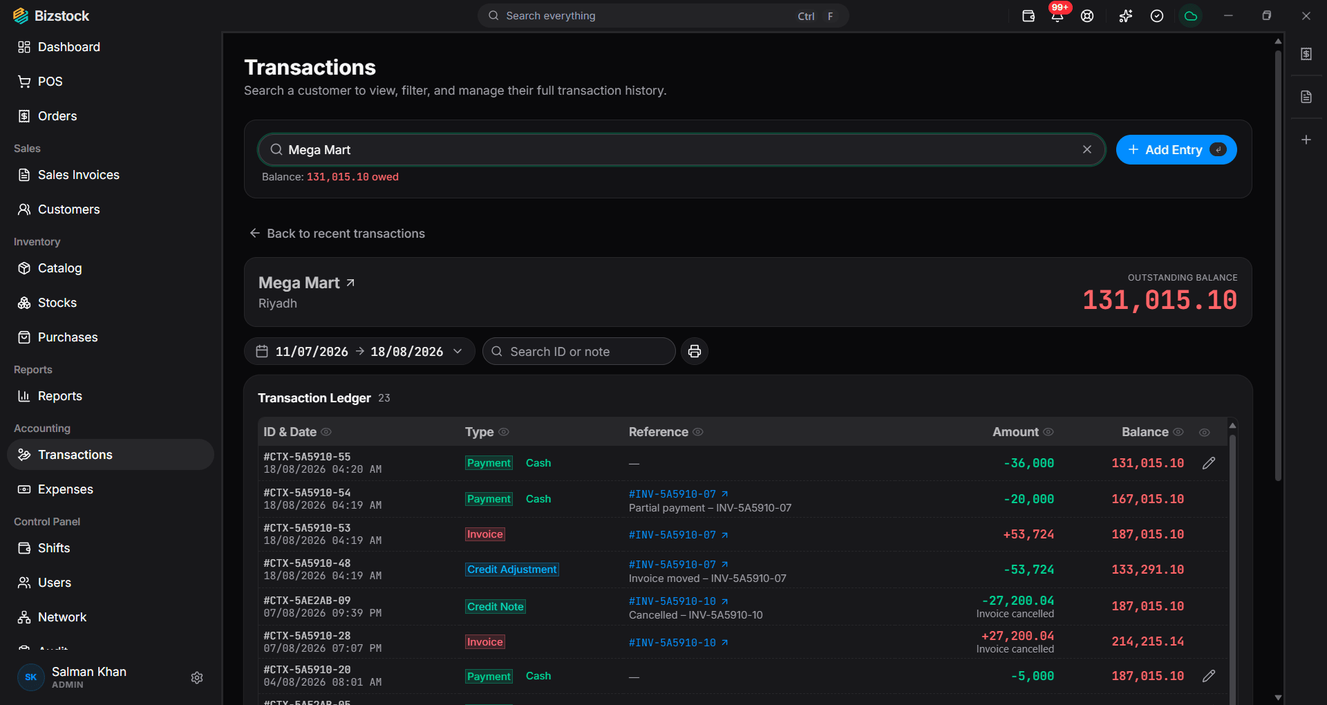 Customer ledger in bizstock showing every invoice and payment with a running outstanding balance