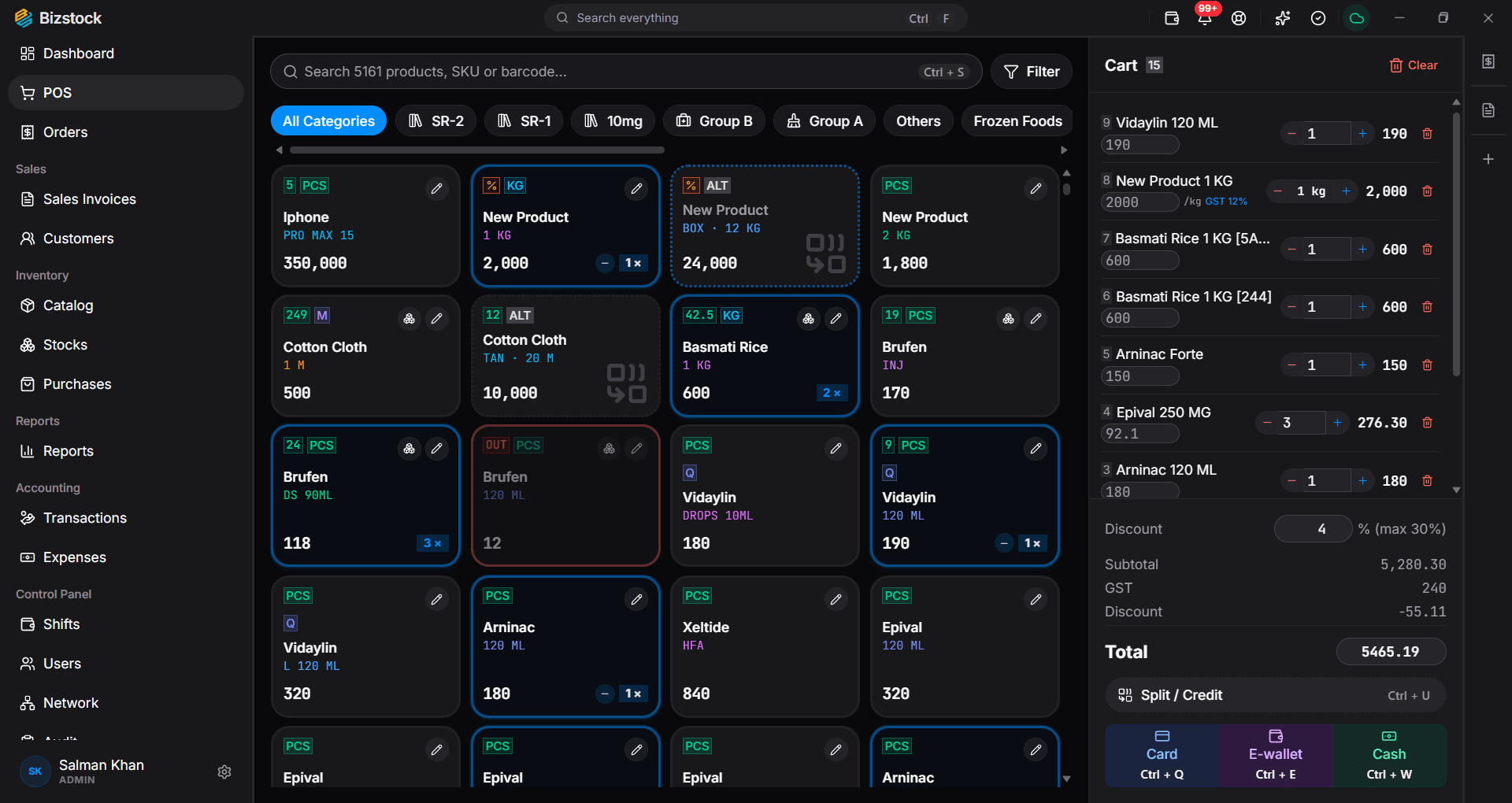 bizstock point of sale with a product grid and a live cart totalling on the right