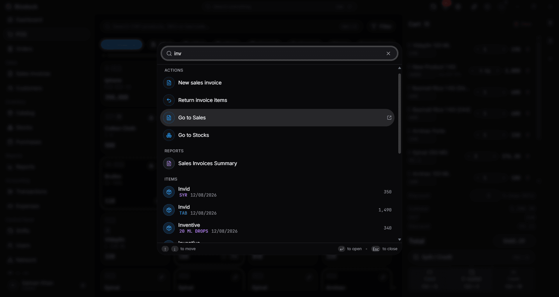 Ctrl+K search in bizstock finding products, customers, invoices, settings and reports from one box