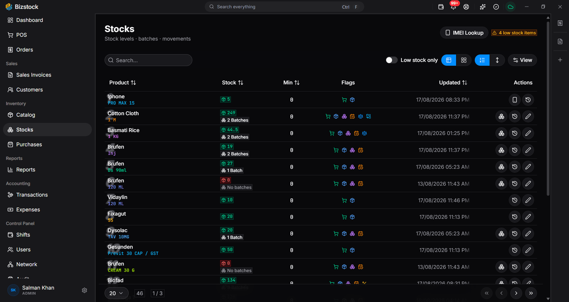 Stock levels by batch in bizstock with low-stock warnings and expiry dates